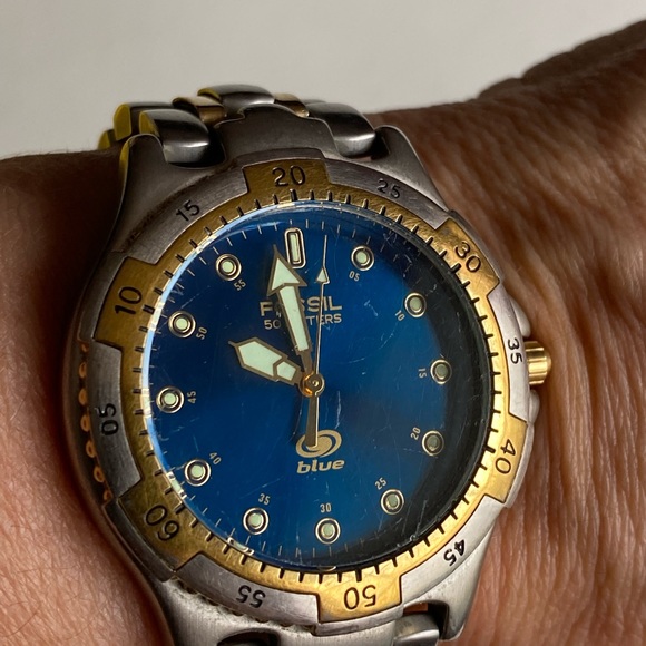 Vintage Fossil Watch Two Tone Blue Dial Round Silver Gold Bracelet am 3250 - Picture 3 of 10